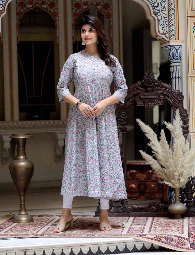 Miravan Floral Printed Cotton Anarkali for Women - Image 1